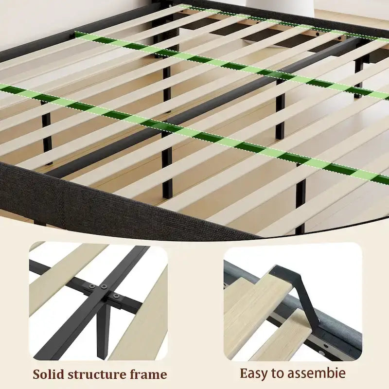 Lit plateforme King Size avec station de recharge rapide et tête de lit de rangement, éclairage RVB, ports USB 20W