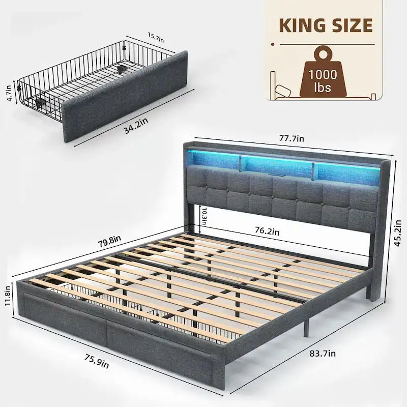 Lit plateforme King Size avec station de recharge rapide et tête de lit de rangement, éclairage RVB, ports USB 20W