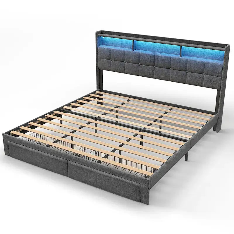 Lit plateforme King Size avec station de recharge rapide et tête de lit de rangement, éclairage RVB, ports USB 20W