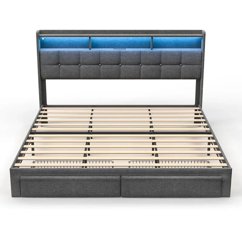 Lit plateforme King Size avec station de recharge rapide et tête de lit de rangement, éclairage RVB, ports USB 20W