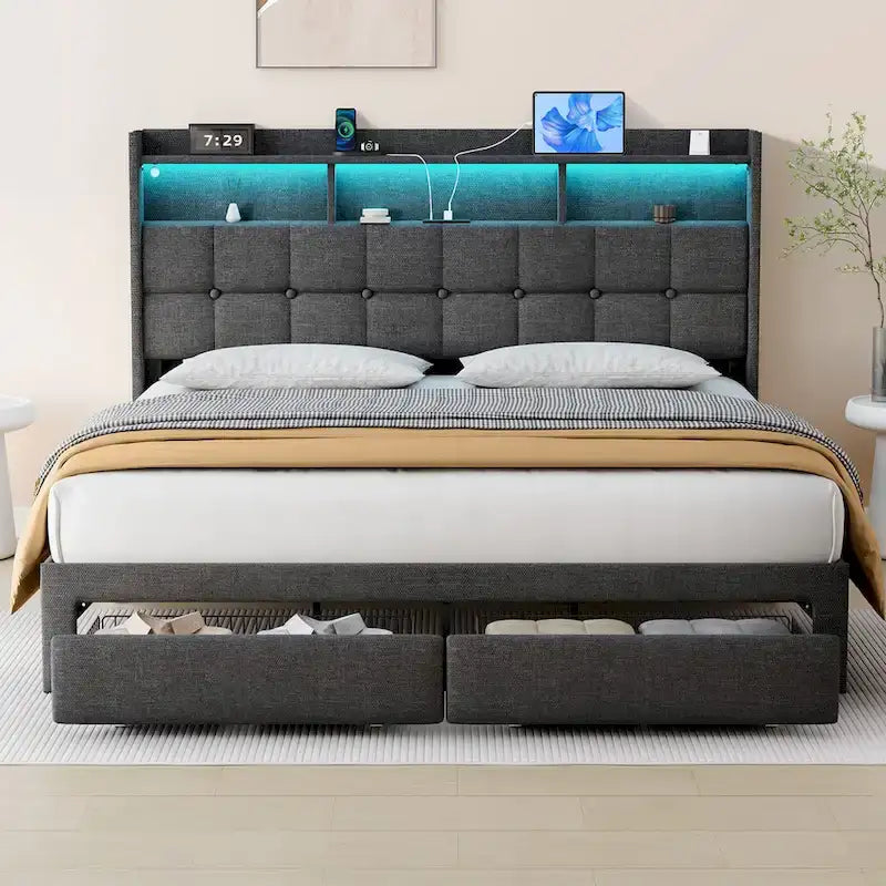 Lit plateforme King Size avec station de recharge rapide et tête de lit de rangement, éclairage RVB, ports USB 20W