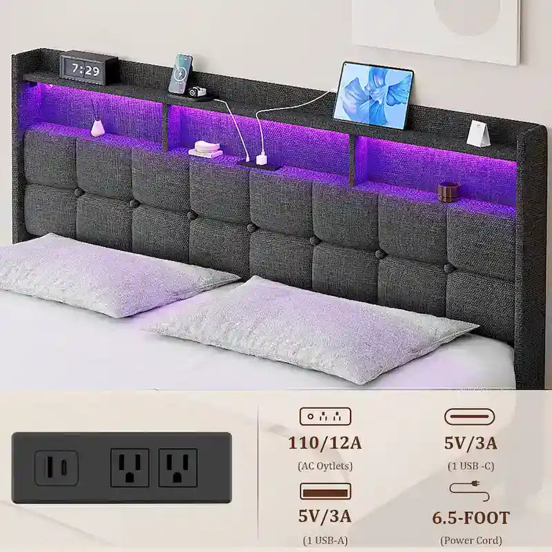 Lit plateforme King Size avec station de recharge rapide et tête de lit de rangement, éclairage RVB, ports USB 20W