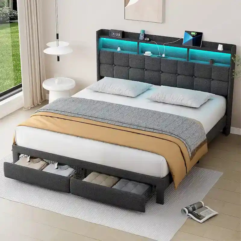Lit plateforme King Size avec station de recharge rapide et tête de lit de rangement, éclairage RVB, ports USB 20W