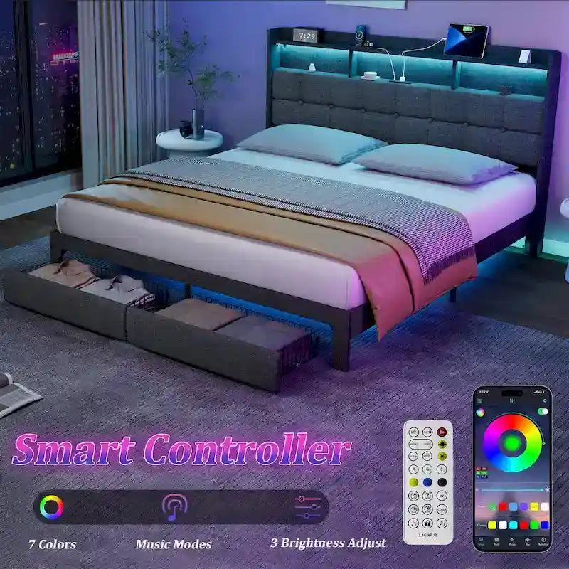 Lit plateforme King Size avec station de recharge rapide et tête de lit de rangement, éclairage RVB, ports USB 20W
