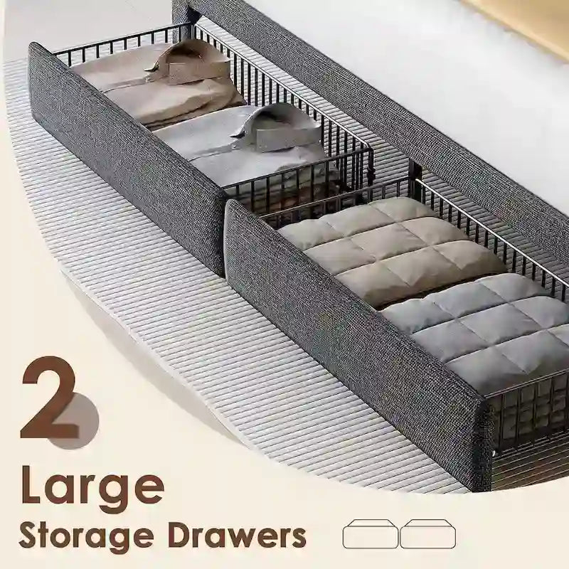 Lit plateforme King Size avec station de recharge rapide et tête de lit de rangement, éclairage RVB, ports USB 20W