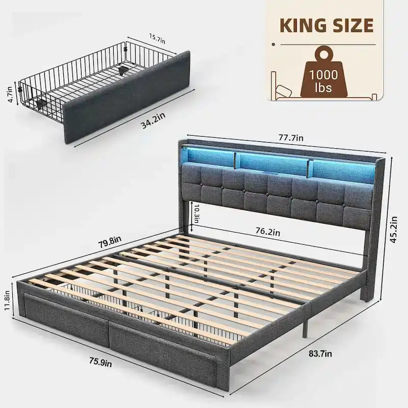 Lit plateforme King Size avec station de recharge rapide et tête de lit de rangement, éclairage RVB, ports USB 20W