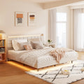 Lit plateforme flottant tapissé beige King Size avec tête de lit et espace de rangement caché