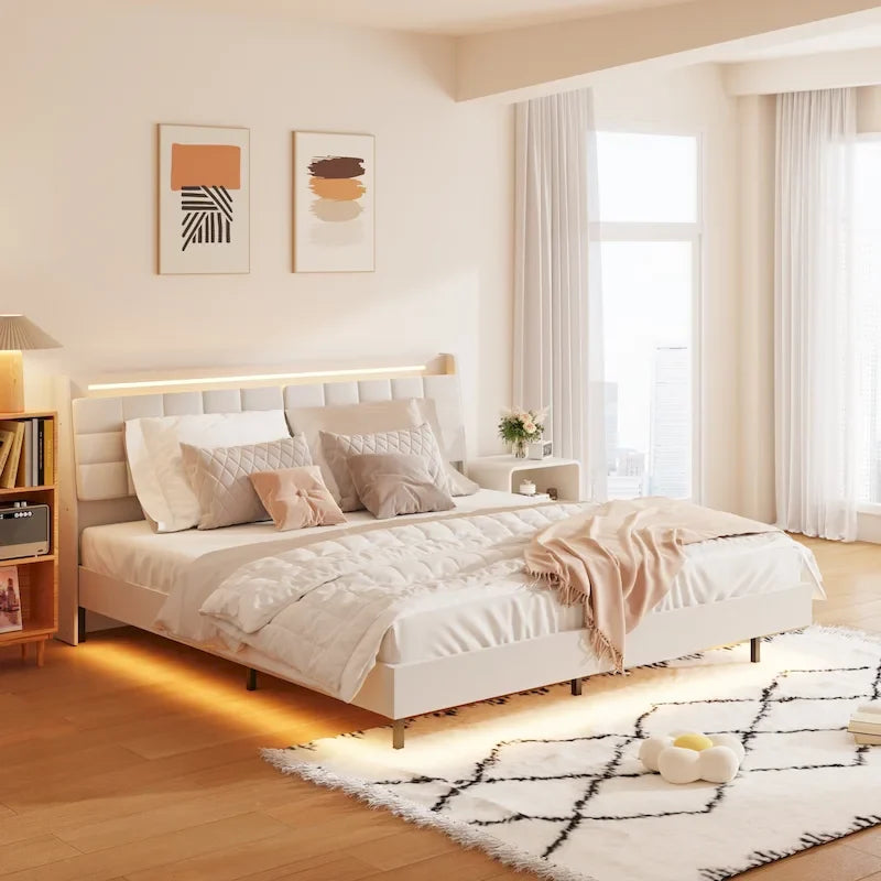 Lit plateforme flottant tapissé beige King Size avec tête de lit et espace de rangement caché