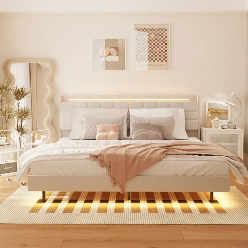 Lit plateforme flottant tapissé beige King Size avec tête de lit et espace de rangement caché