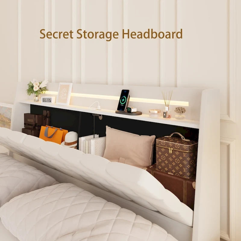 Lit plateforme flottant tapissé beige King Size avec tête de lit et espace de rangement caché