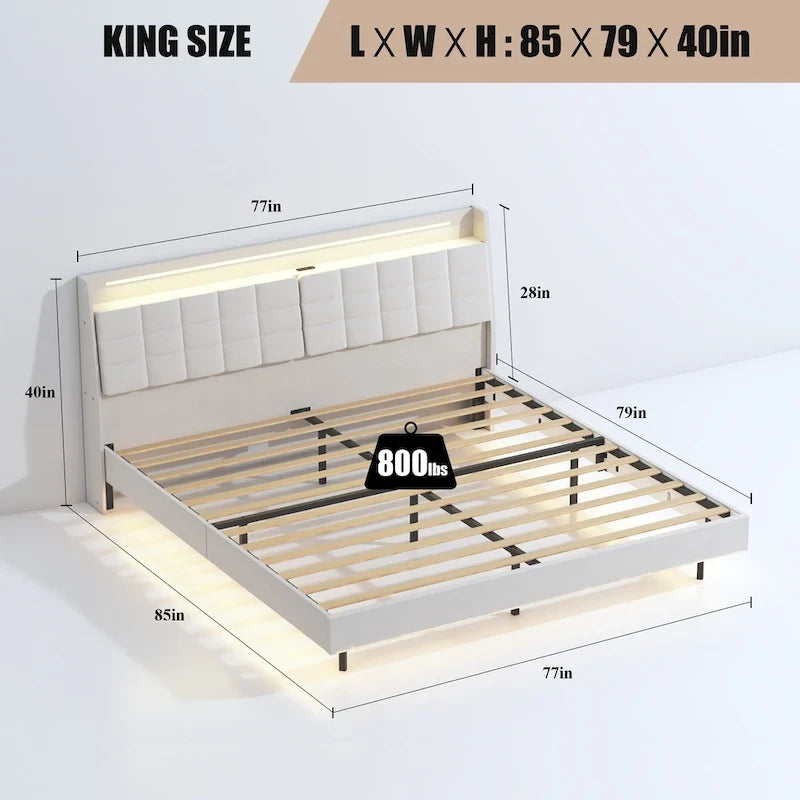 Lit plateforme flottant tapissé beige King Size avec tête de lit et espace de rangement caché