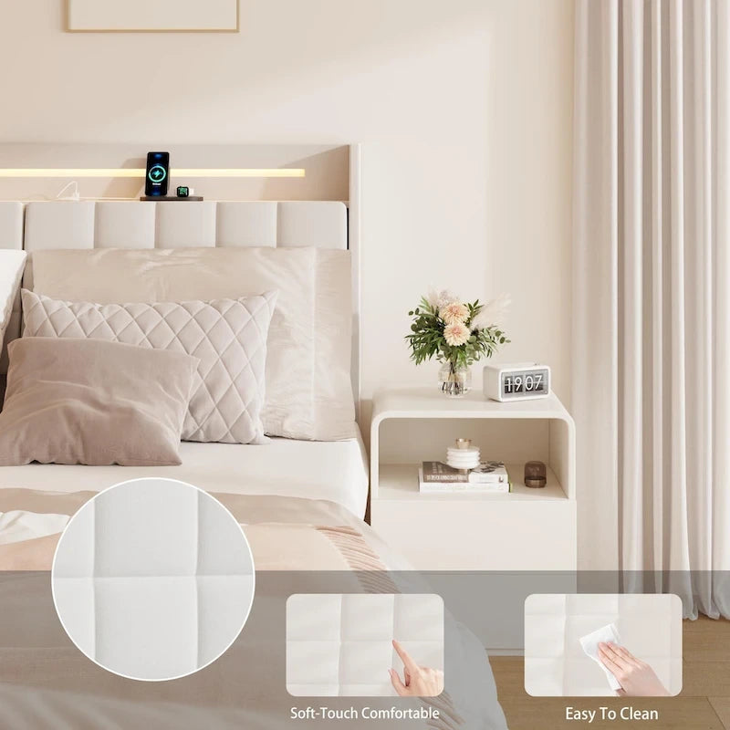 Lit plateforme flottant tapissé beige King Size avec tête de lit et espace de rangement caché