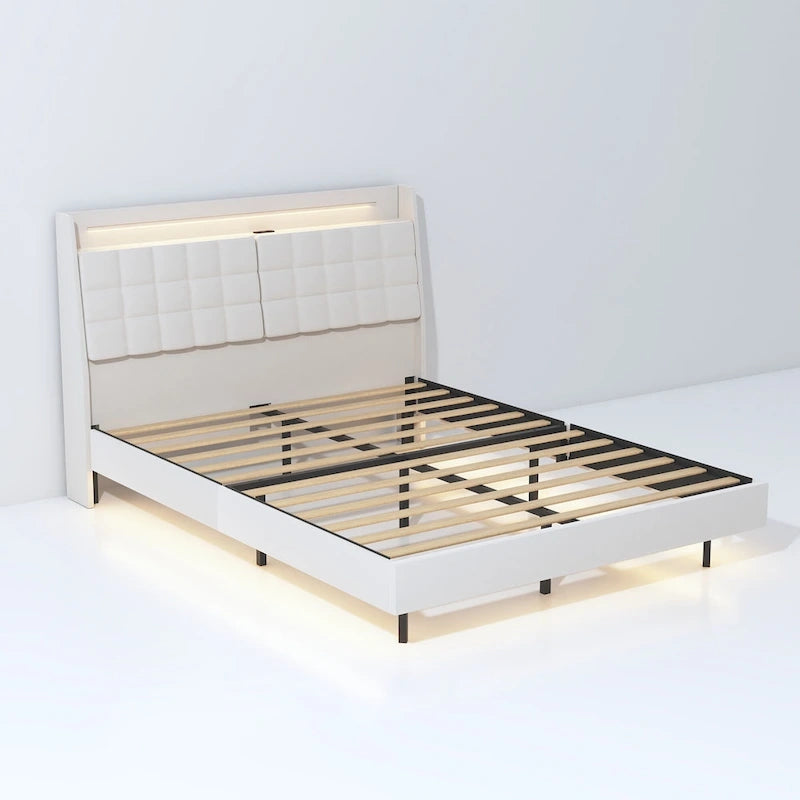 Lit plateforme flottant tapissé beige King Size avec tête de lit et espace de rangement caché