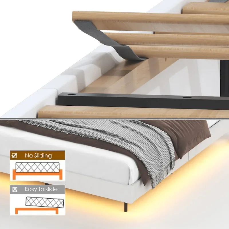 Lit plateforme flottant tapissé beige King Size avec tête de lit et espace de rangement caché