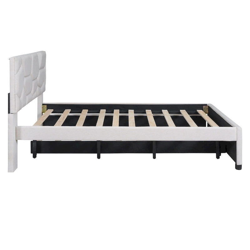 Cadre de lit plateforme rembourré en lin avec lit gigogne et tête de lit motif brique