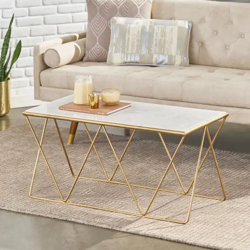Table basse moderne et glamour fabriquée à la main avec plateau en marbre - 37.00 L x 19.00 W x 18.00 H