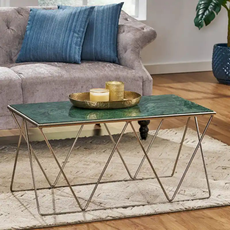 Table basse moderne et glamour fabriquée à la main avec plateau en marbre - 37.00 L x 19.00 W x 18.00 H