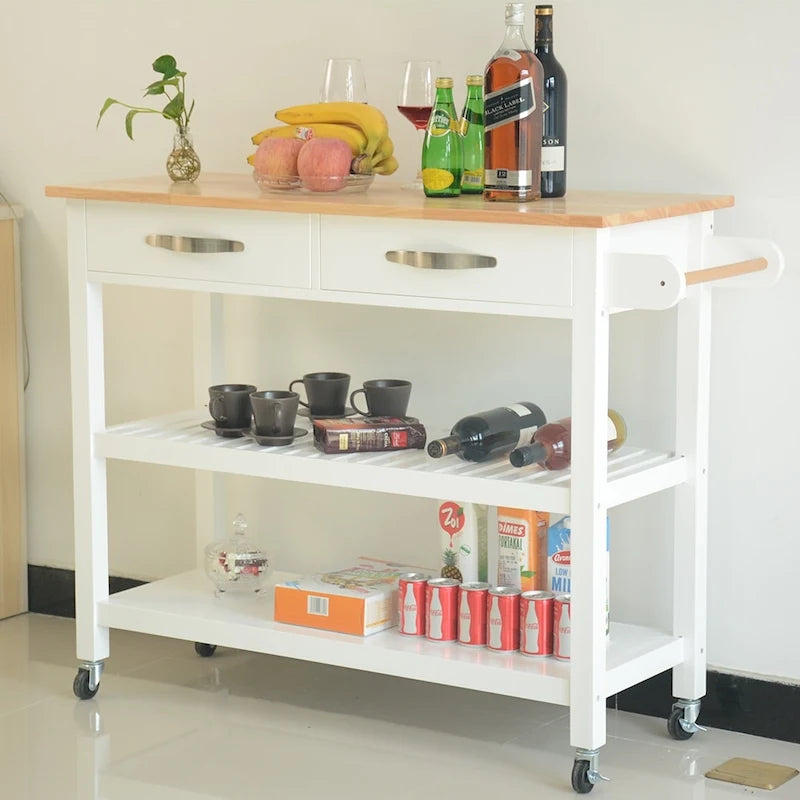 Desserte îlot de cuisine à roulettes, avec 2 tiroirs et étagères ouvertes – 114 x 43 x 89 cm