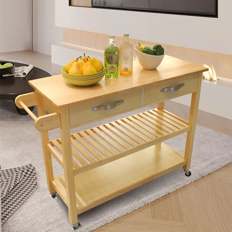 Desserte îlot de cuisine à roulettes, avec 2 tiroirs et étagères ouvertes – 114 x 43 x 89 cm