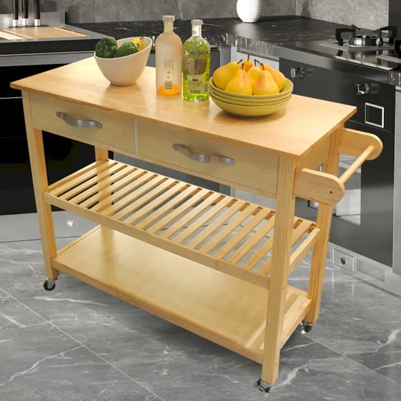 Desserte îlot de cuisine à roulettes, avec 2 tiroirs et étagères ouvertes – 114 x 43 x 89 cm