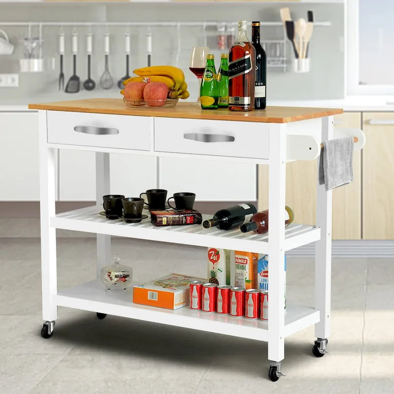 Desserte îlot de cuisine à roulettes, avec 2 tiroirs et étagères ouvertes – 114 x 43 x 89 cm