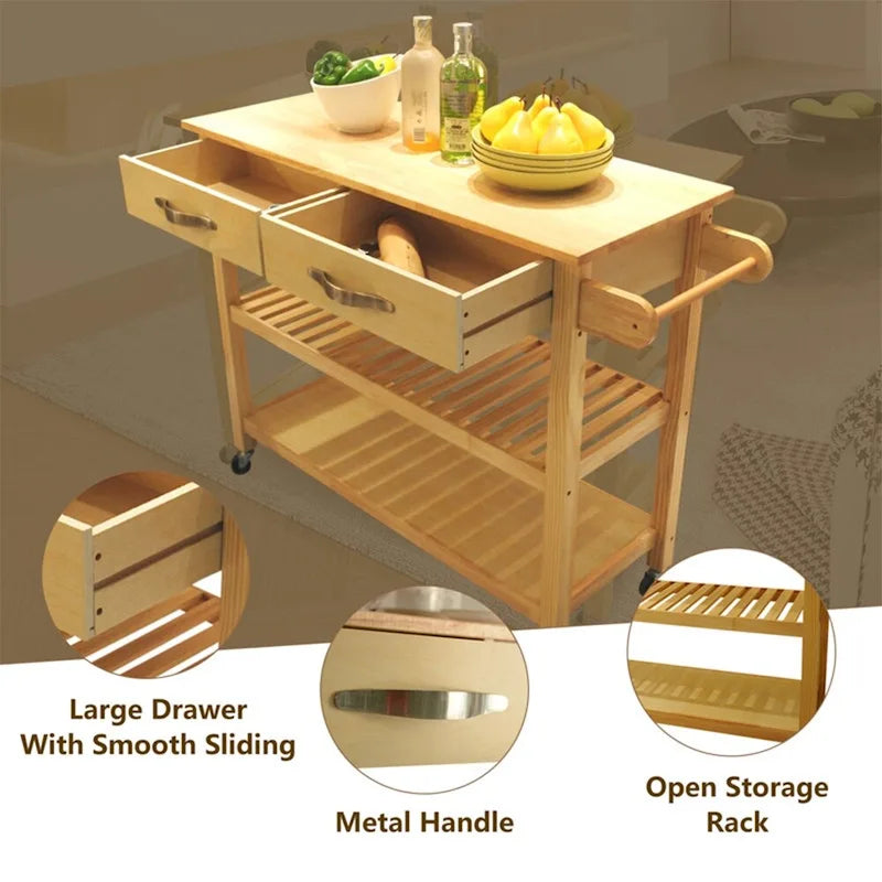 Desserte îlot de cuisine à roulettes, avec 2 tiroirs et étagères ouvertes – 114 x 43 x 89 cm