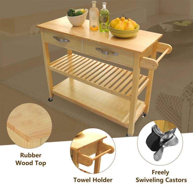 Desserte îlot de cuisine à roulettes, avec 2 tiroirs et étagères ouvertes – 114 x 43 x 89 cm
