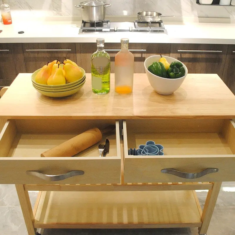 Desserte îlot de cuisine à roulettes, avec 2 tiroirs et étagères ouvertes – 114 x 43 x 89 cm