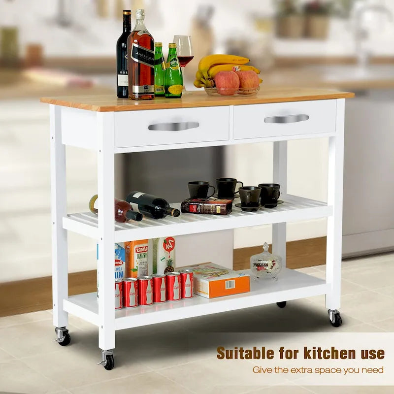 Desserte îlot de cuisine à roulettes, avec 2 tiroirs et étagères ouvertes – 114 x 43 x 89 cm