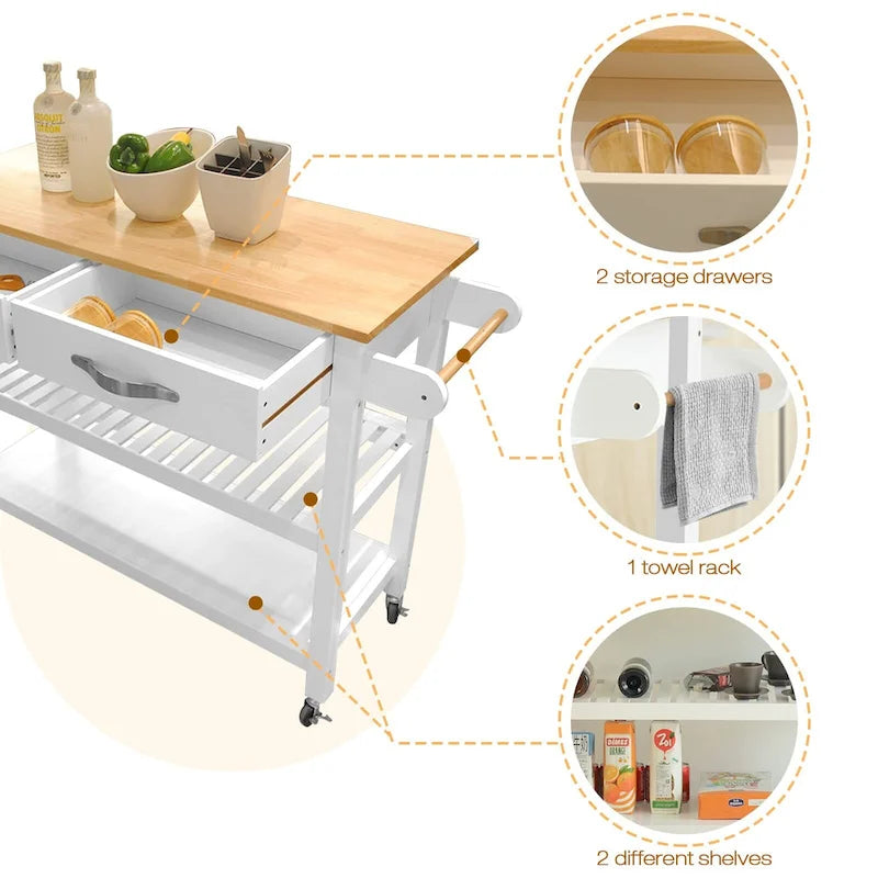Desserte îlot de cuisine à roulettes, avec 2 tiroirs et étagères ouvertes – 114 x 43 x 89 cm