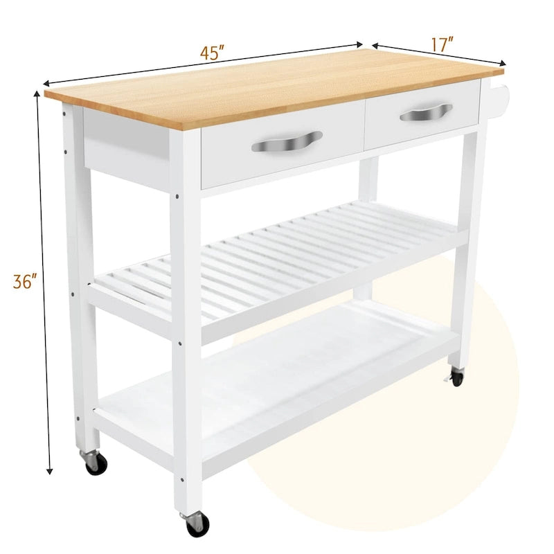 Desserte îlot de cuisine à roulettes, avec 2 tiroirs et étagères ouvertes – 114 x 43 x 89 cm