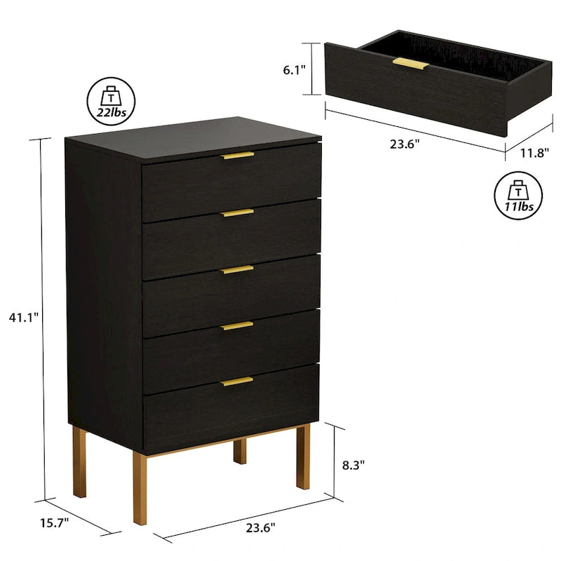 Commode à 5 tiroirs avec pieds en métal et rangement en bois
