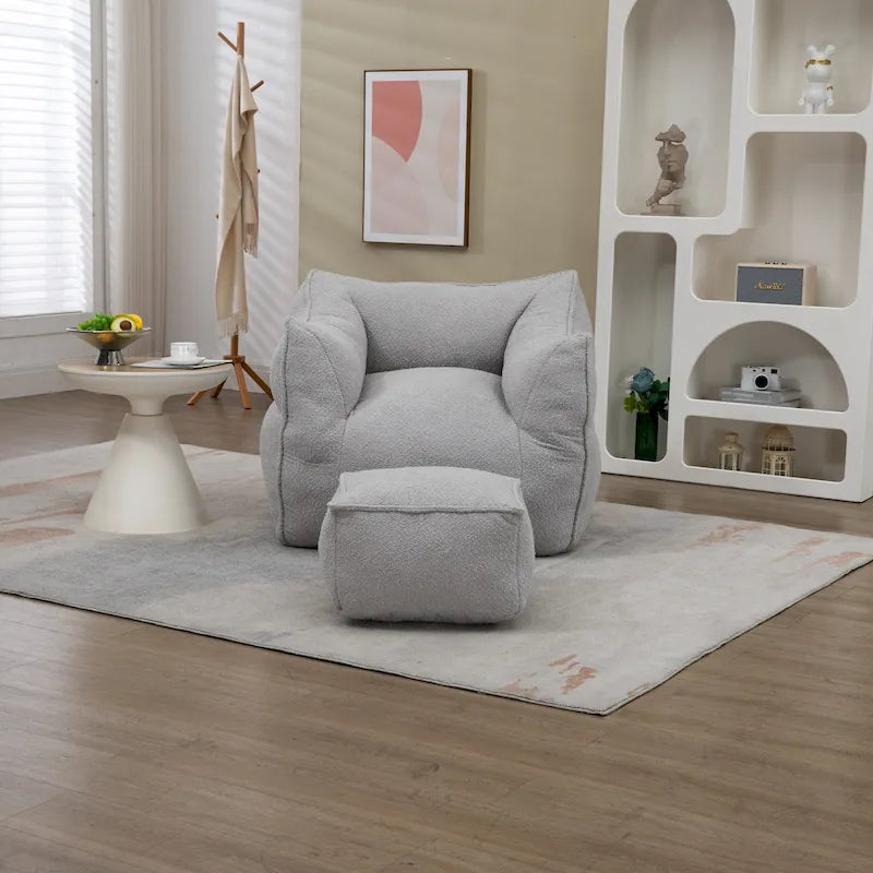 Pouf carré sans accoudoirs en tissu bouclé avec ottoman