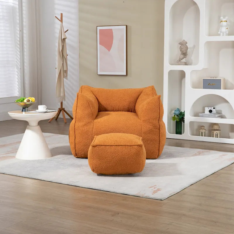 Pouf carré sans accoudoirs en tissu bouclé avec ottoman