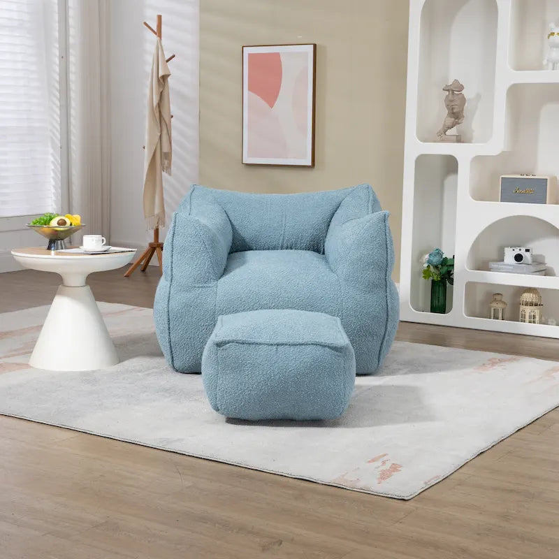 Pouf carré sans accoudoirs en tissu bouclé avec ottoman