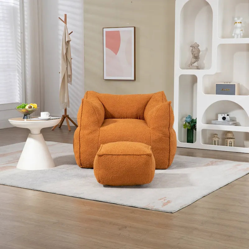 Pouf carré sans accoudoirs en tissu bouclé avec ottoman