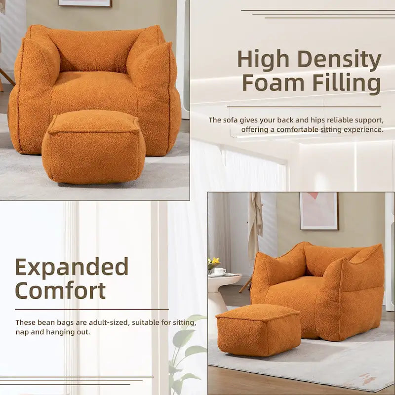 Pouf carré sans accoudoirs en tissu bouclé avec ottoman