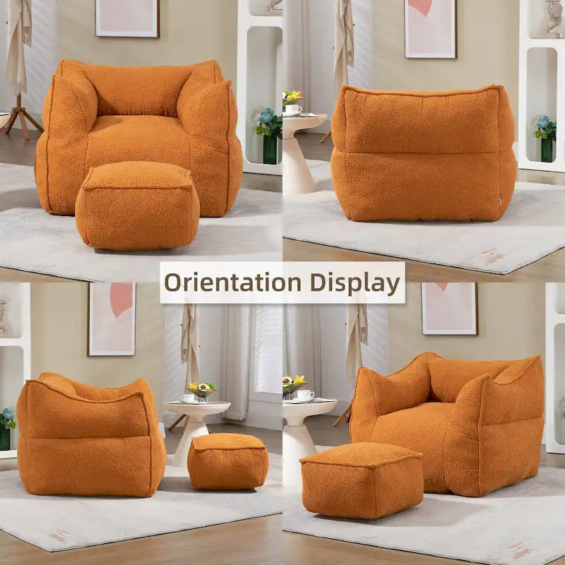 Pouf carré sans accoudoirs en tissu bouclé avec ottoman