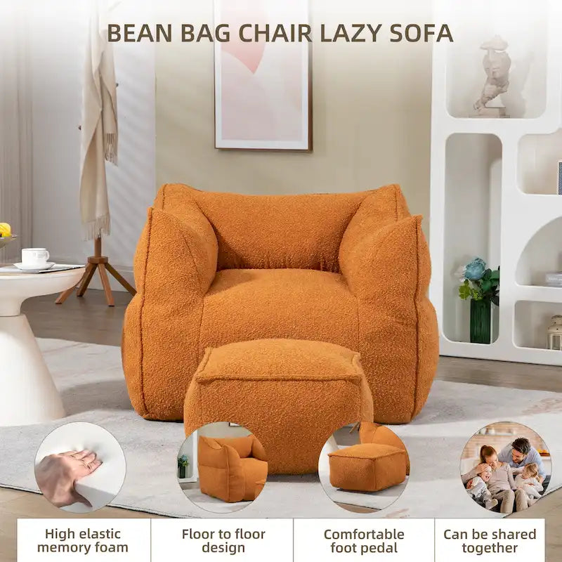 Pouf carré sans accoudoirs en tissu bouclé avec ottoman