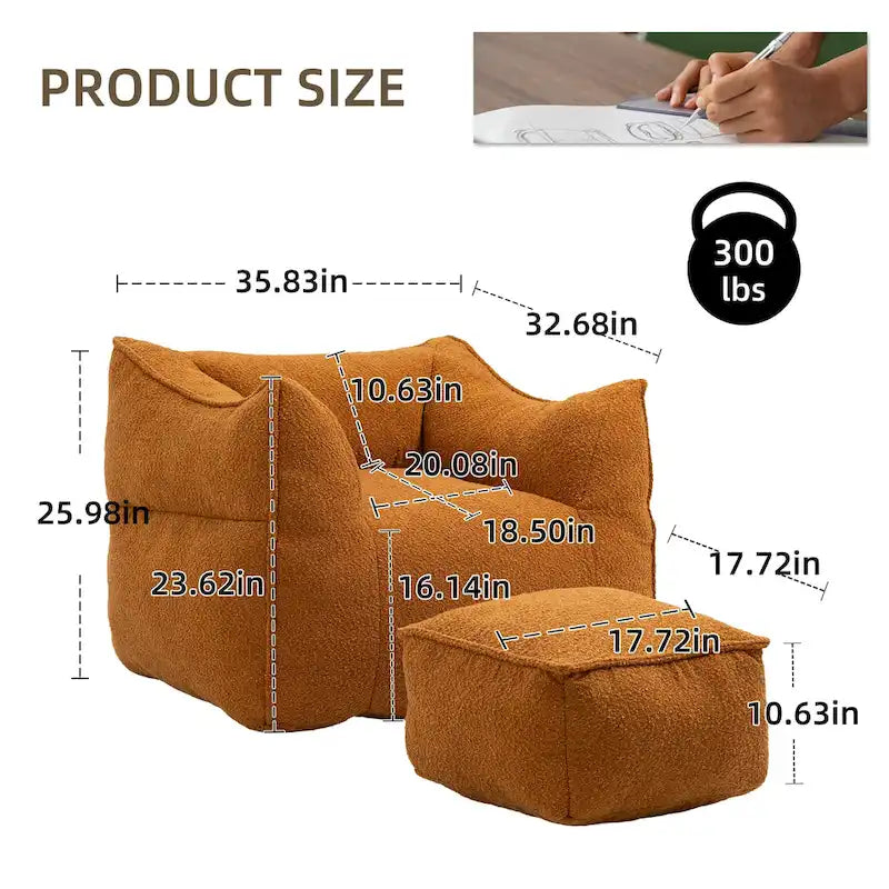 Pouf carré sans accoudoirs en tissu bouclé avec ottoman