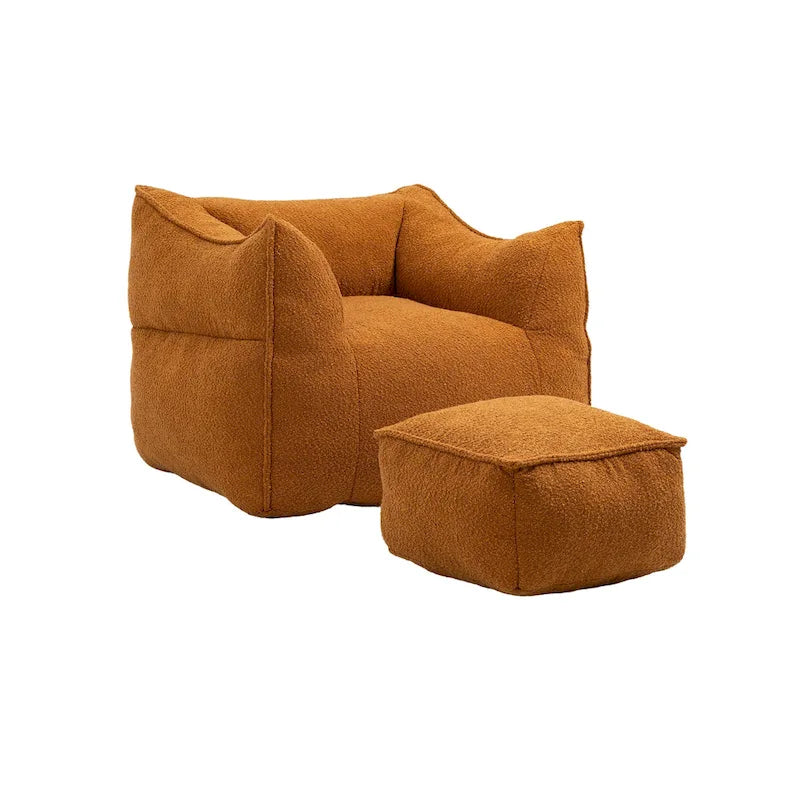 Pouf carré sans accoudoirs en tissu bouclé avec ottoman