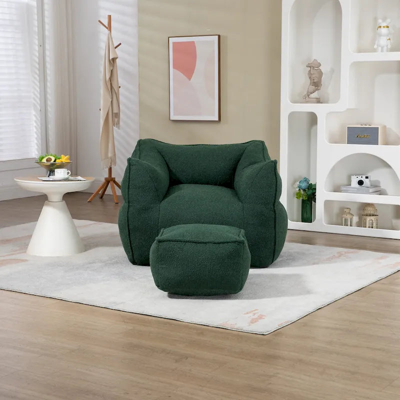 Pouf carré sans accoudoirs en tissu bouclé avec ottoman