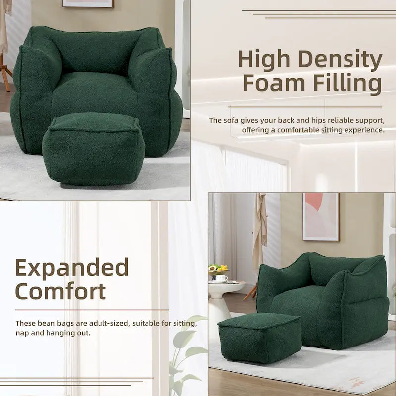 Pouf carré sans accoudoirs en tissu bouclé avec ottoman