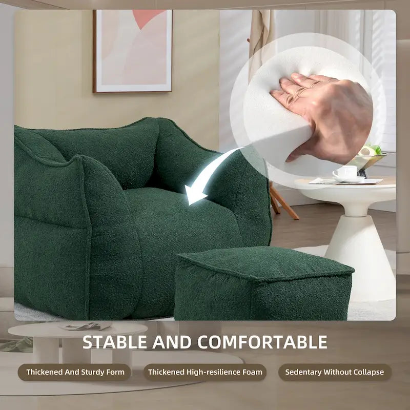 Pouf carré sans accoudoirs en tissu bouclé avec ottoman