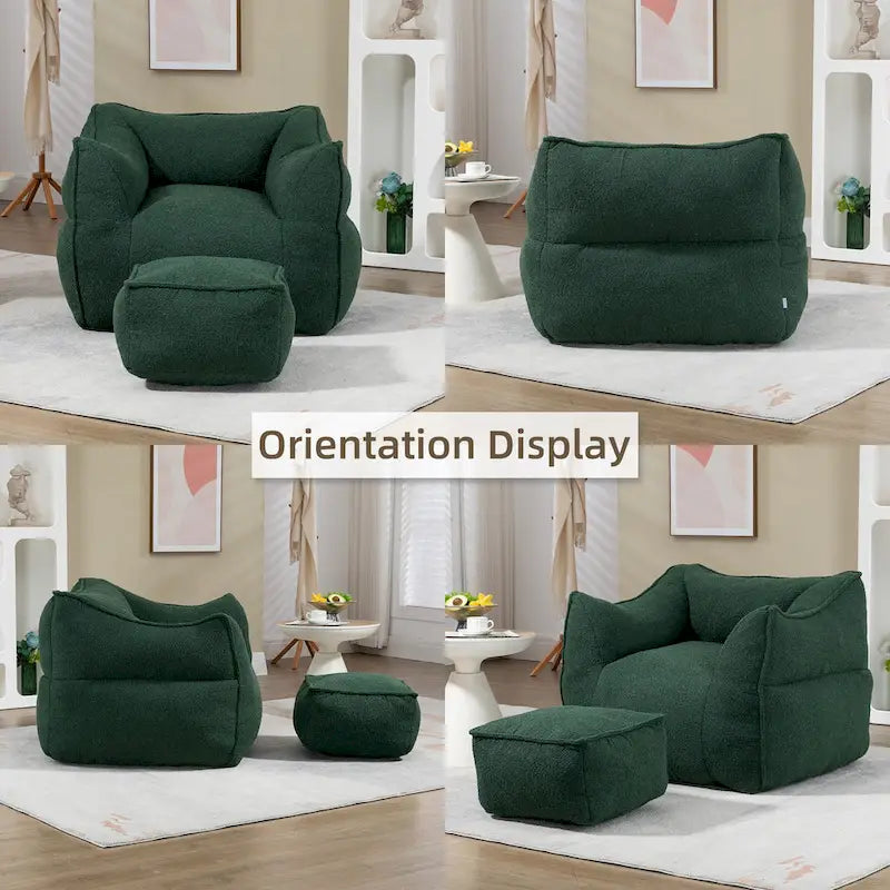 Pouf carré sans accoudoirs en tissu bouclé avec ottoman
