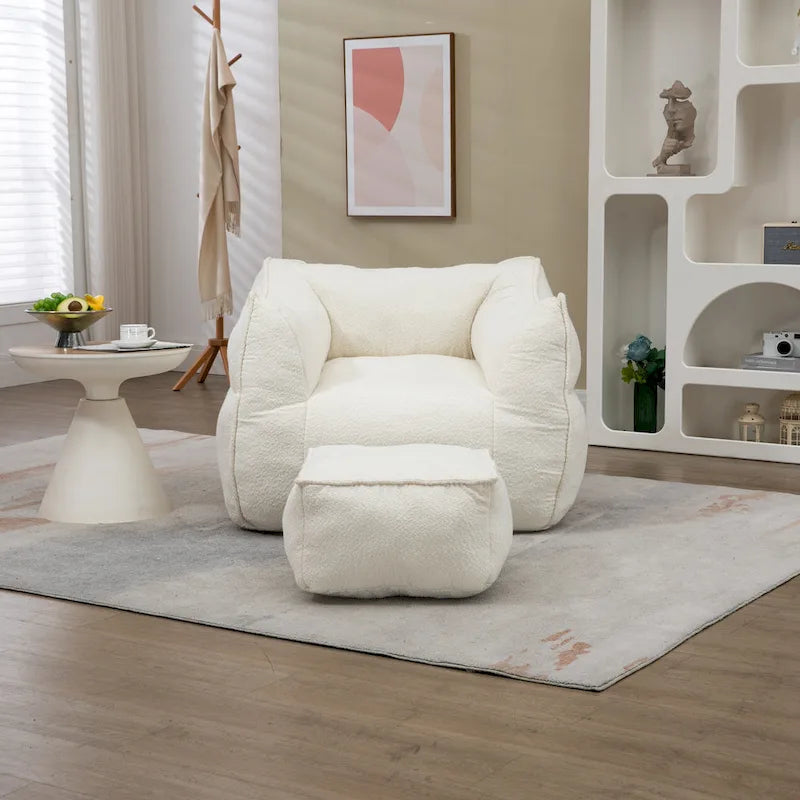 Pouf carré sans accoudoirs en tissu bouclé avec ottoman