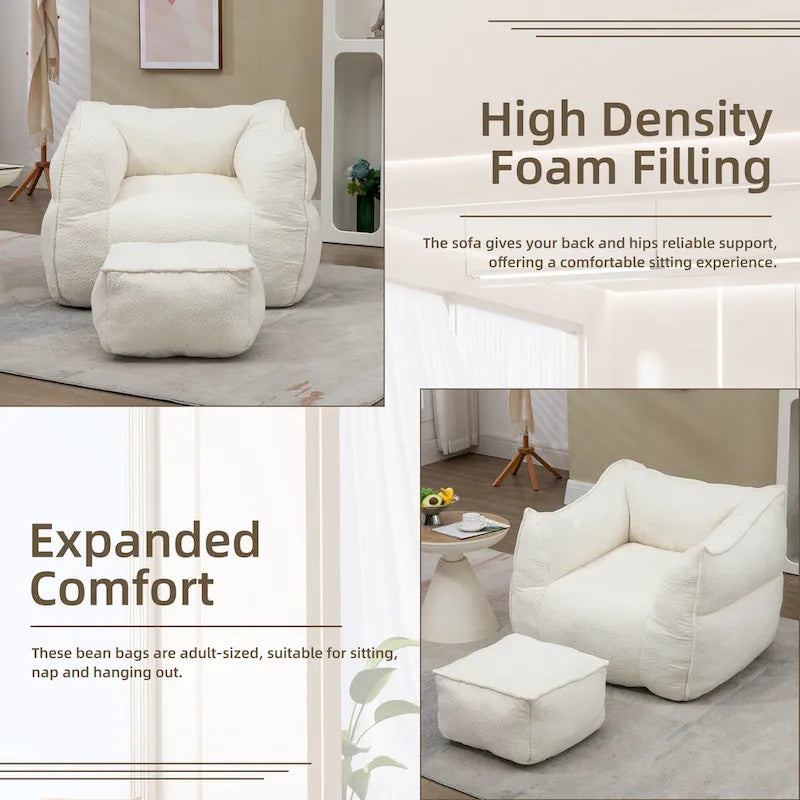 Pouf carré sans accoudoirs en tissu bouclé avec ottoman