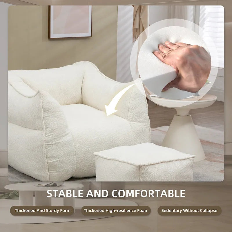 Pouf carré sans accoudoirs en tissu bouclé avec ottoman