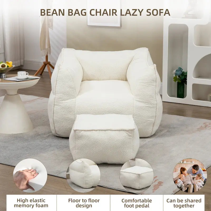 Pouf carré sans accoudoirs en tissu bouclé avec ottoman