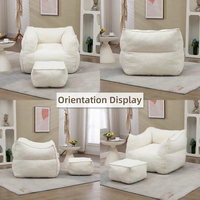 Pouf carré sans accoudoirs en tissu bouclé avec ottoman